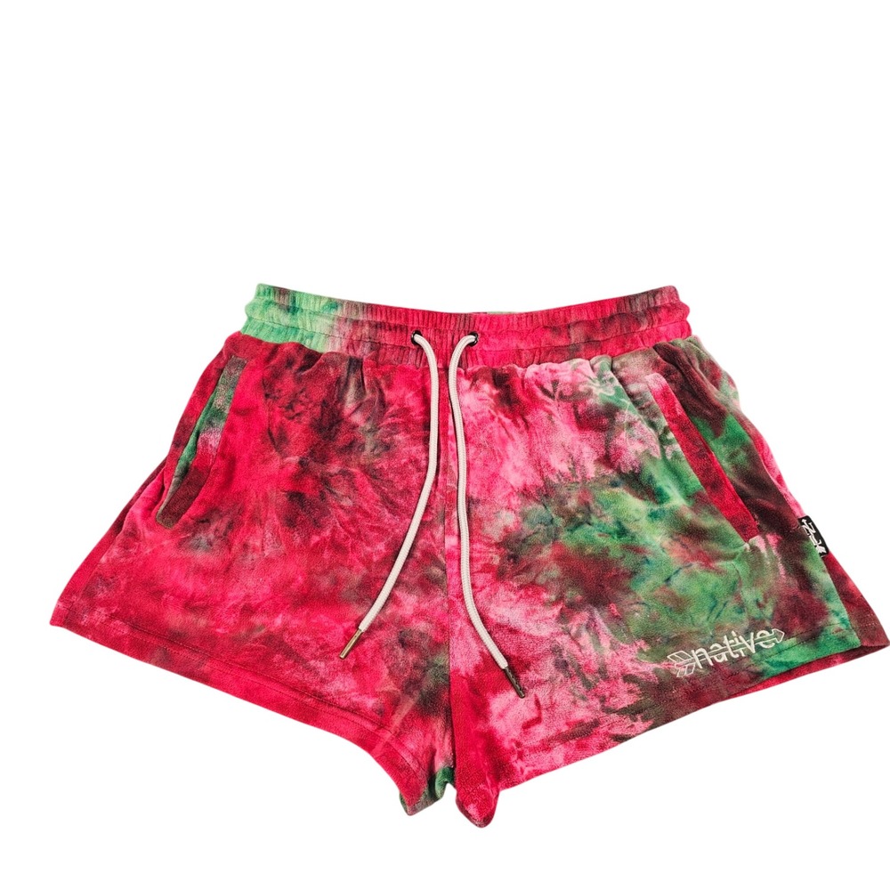 NATIVE LANGUAGE Tie Dye Velour Lounge Shorts Women‎ Medium Drawstring Pockets